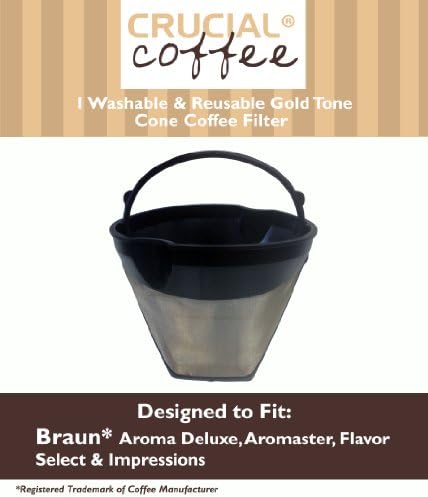 1 Braun Washable & Reusable Gold Tone Cone Coffee Filter, Fits Braun Aroma Deluxe, Aromaster, Flavor Select & Impressions, Designed & Engineered by Crucial Coffee