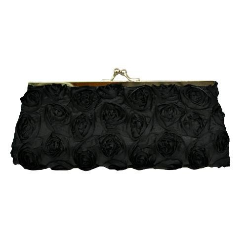 Black Small Twistlock Evening Bag Adorned With Rosettes And Chain Strap
