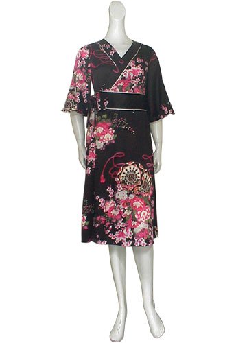 Black Japan Floral Kimono Wrap Dress