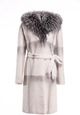Qiudu Women's Real Rabbit Fur Coat Hooded With Luxury Silver Fox Fur Collar XL White