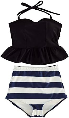 LATUD Women's Ruffled Tankini High Waist Striped Bikini Fluorescence Black
