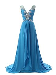 Sophisticated V-neck Chiffon Full Length Gathered  Wrap Crystal Lace Evening Dress/Prom Dress  with a Brush/Sweep Train  With Rhinestones