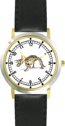 Triceratops Skeleton Dinosaur Animal - WATCHBUDDY® DELUXE TWO-TONE THEME WATCH - Arabic Numbers - Black Leather Strap-Size-Large ( Men's Size or Jumbo Women's Size )