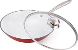 Induktion Pfanne und Glasdeckel inklusive Aroma Knopf, weisse Emaille-Beschichtung, Durchmesser 32 cm, alle g�ngigen Herdarten, Edelstahl, rot, NEU + OVP