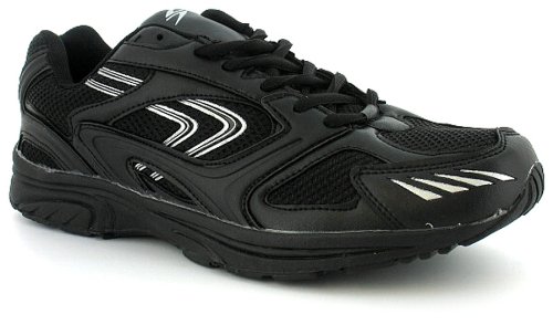 New Mens/Gents Black Pvc And Mesh Upper Lace Up Running Shoes/Trainers - Black/Silver - UK 11