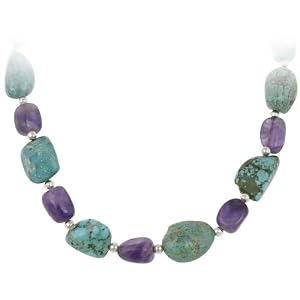 Sterling Silver Bead, Turquoise and Amethyst Nugget Necklace, 16+3 Extender by