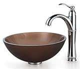 Kraus C-GV-103FR-14-12mm-1005SN Frosted 14-Inch Brown Glass Vessel Sink and Riviera Faucet, Satin Nickel
