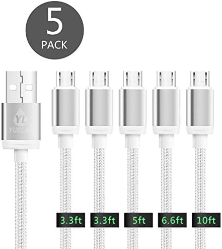 Micro USB Cable, YUELAN [5-Pack,3.3/5/6.6/10ft] Nylon Braided USB Cable High Speed USB 2.0 A Male To Micro B Sync and Charging Cable for Samsung, Nexus, LG, Motorola, Android Smartphones And More