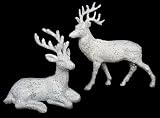 Pair of White Glitter (One Standing & One Laying) Most Elegant Deer Figurines for Holiday Decorating