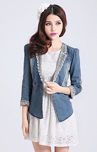 デニム ジャケット レース パール ビーズ ロング ブラウス  カジュアル フレア エレガント 長袖 大きいサイズ  美脚 デート 2次会 パーティ セクシー キュート フェミニン ガーリー 秋物 冬物 可愛いスカーフ付き m172