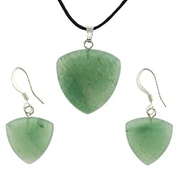 Green Aventurine Trillion Drop Pendant and Earrings Set - Pendant (22mm), Earrings (16mm) - Adjustable Cord Necklace