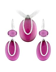 Sterling Silver Syn. Pink Cateye Set with CZ (Chain Not Included)