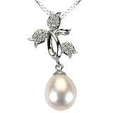 Tri-Tulip Cultured Pearl Drop Cubic Zirconia Platinum Overlay CAREFREE Sterling Silver Pendant Necklace