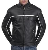 Mens Tall and Big Vented Leather Motorcycle Jacket, Reflective Stripes, Zip Out Liner