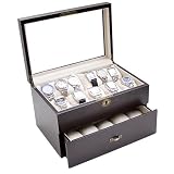 Vintage Dark Walnut Finish Wood Clear Glass Top Watch Display Storage Case Chest Holds 20+ Watches... by Caddy Bay Collection