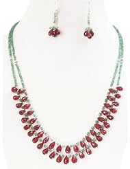 Exclusive 2 Strands Natural Beautiful Emerald & Ruby Drops Beaded Necklace with Free Earrings