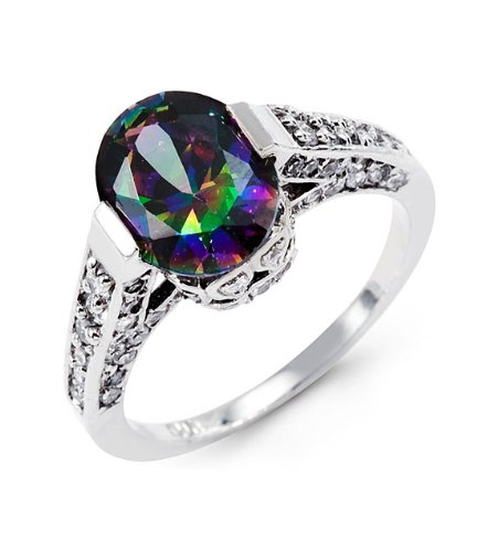 New 14k White Gold Round CZ Oval Mystic Fire Topaz Ring