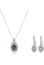Sterling Silver Oval Gemstone Earrings and Pendant Necklace Jewelry Set