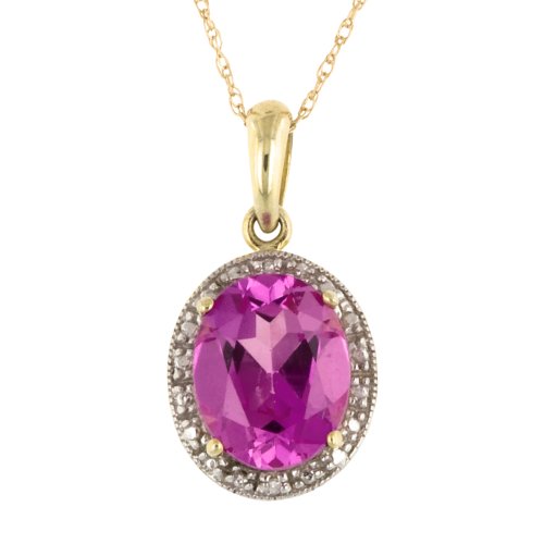 10k Yellow Gold Lab Created Pink Sapphire and Diamond Accent Pendant, 18''