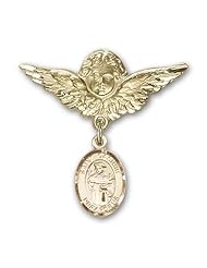Gold Filled Baby Badge with St. Casimir of Poland Charm and Angel with Wings Badge Pin
