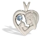 14K White Gold Genuine Round Aquamarine Mother with Child Pendant