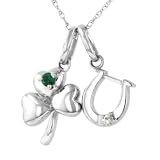 10k White Gold Lab Emerald and Lab White Sapphire Clover with Horse Shoe Charm, 18