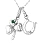 10k White Gold Lab Emerald and Lab White Sapphire Clover with Horse Shoe Charm, 18"