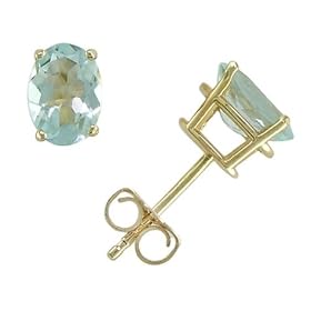 14k Yellow Gold Four Prong 7x5mm Oval Aquamarine Stud Earrings