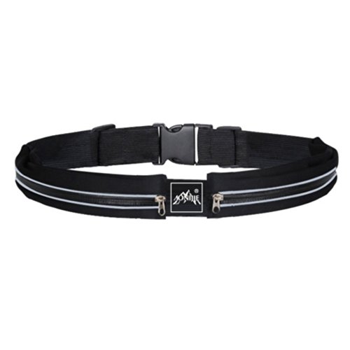 Exercise Double Pouch Runners Belt with Reflective Stripes - Black