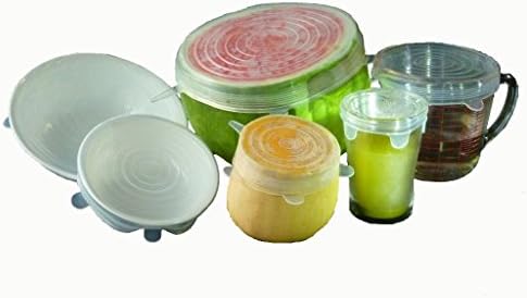 Set of 6 Indispensable, MultiSize, Stretchy, Reusable, Silicone Food and Container Covers. Bonus: Free Suction Cup Lid!