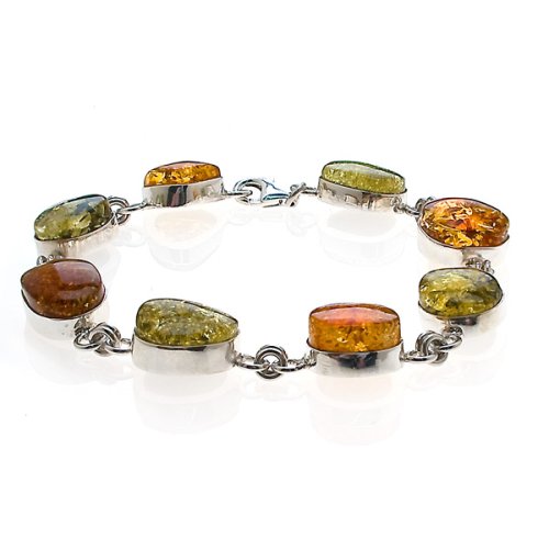 Certified Genuine Multicolor Amber and Sterling Silver Large Stone Bracelet