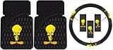 Tweety Bird w/ Attitude 3pc Combo Set Front Floor Mats & Steering Wheel Cover Plus Bonus Matching Decal