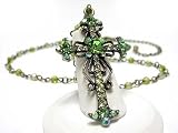 Gorgeous Large Green Peridot Crystal Cross Pendant/Charm Necklace with Amber/Topaz Beads Antique Gold Tone