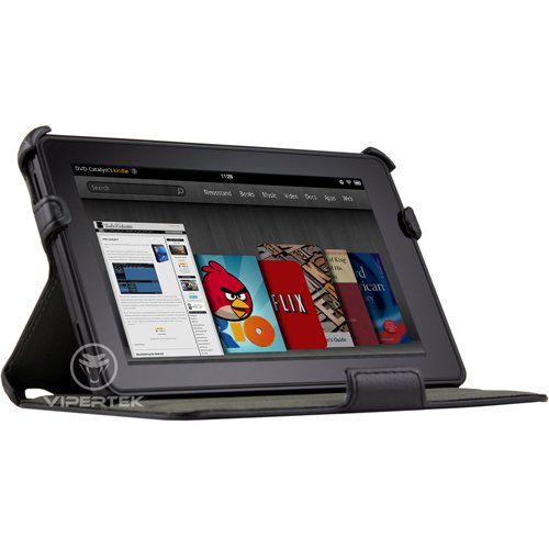VIPERTEK Premium Slim (Black) Leather Case Folio Cover with Multi Angle Stand for Amazon Kindle Fire 7-Inch Android Tablet