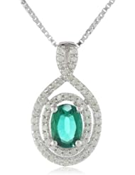 Sterling Silver Created Emerald and Diamond Oval Pendant Necklace (0.25cttw, I-J Color, I3 Clarity), 18"