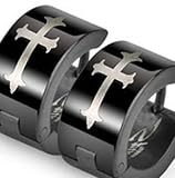 Polished Black Stainless Steel Huggie Earrings with Medieval Gothic Cross in Center