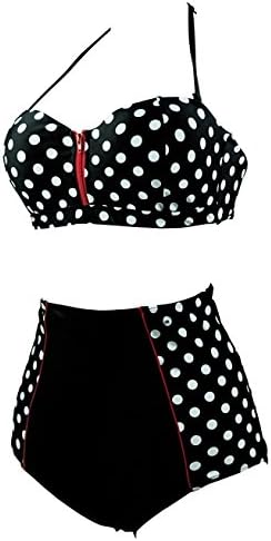 Cocoship Retro Black High Waist Bikini White Polka Zip Vintage Swimwear Bathing Suit L(FBA)