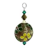 Sterling Silver 20mm Bronze Lamp work Glass Bead with Green and Yellow Flowers Multi Crystals Pendant Made with Swarovski Elements