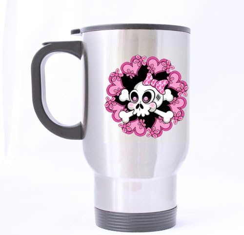 Pink Design Heart Around Lovely Cute Halloween Skull (Twin Side) Custom Travel Mug (Sliver/14Ounce)