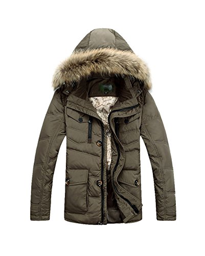 Kawen Men's Thick Duck Down Jacket Fur Collar Outwear Hooded Parka (US L, Army Green)