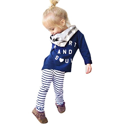 TIFENNY Girls Clothes Letter Print T-shirt Tops+Stripe Long Pants 1Set