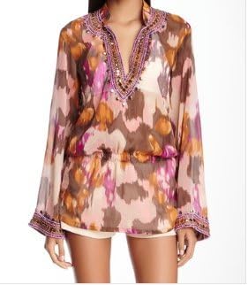 Monique Leshman Handmade Embellished One Of a Kind Woman Beach Cover Up Bohemian Bell Sleeve Bella Sheer Tunic -Small Camilla DVF Mara Hoffman