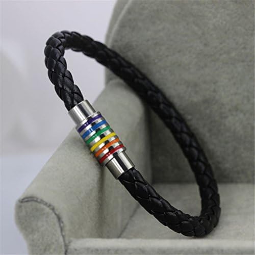 Moccasinton Jewelry Black Braided Leather Gay Lesbian Pride Enamel Cuff Bangle Bracelet Stainless Steel Magnetic Buckle Rainbow Striped Closure Bracelet 8.66''(22cm)