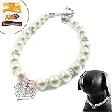 Alfie Couture Designer Pet Jewelry - Pinky Crystal Heart Pearl Necklace - Size: M (10"- 12") for Dogs and Cats