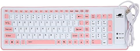 LIPPO Foldable Silicone Keyboard USB Wired Silicon Flexible Soft Waterproof Roll up Silica Gel Computer Desktop (103 Keys) Keyboard for PC Laptop Notebook for Library Work Class Indoor White Pink