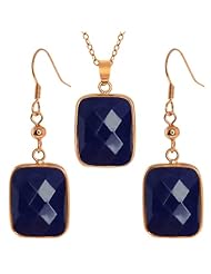 Jadelite Faceted Blue Color Oblong Pendant and Earrings Set With 18" Chain