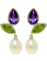 14k Solid Gold Dangle Earrings with Amethysts, Peridots and Pearls