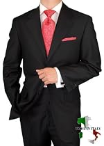 Gino Valentino Made in Italy Wool / Silk Mens Suit 150's Hand Made Two Button Canvas Front Jacket Flat Front Pants Custom Working Buttonholes Business Suit Jet Black