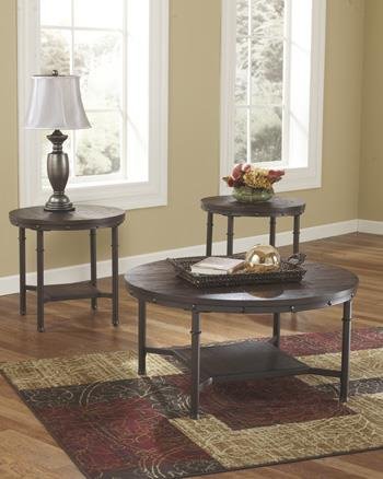 Ashley T277-13 Sandling Rustic Brown Metal Round 3 Pc Coffee End Table Set