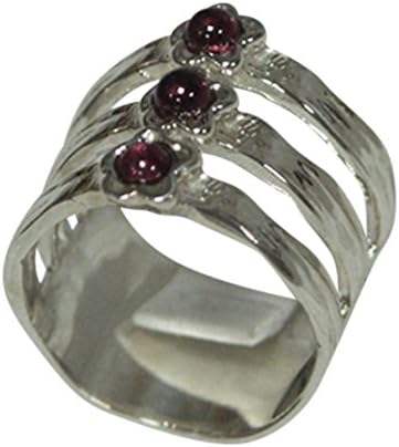 Red Garnet Band Ring 925 Sterling Silver Flower Inlay Gemstone Jewelry